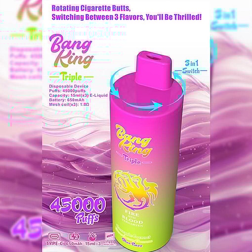 Promotional Image Of Bang King Triple Disposable Vape Device With 45000 Puffs, Featuring A Colorful Design And Details On Specifications And Flavors.