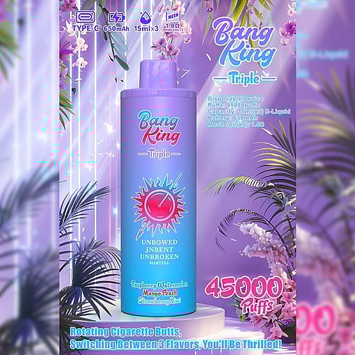 Promotional Image Of A Disposable Vape Device Named 'Bang King Triple,' Showcasing A Purple Container Design With Decorative Text And Graphics, Highlighting Features Like 45000 Puffs, Type-C Charging, Three Flavors, And A Tropical-Themed Background.