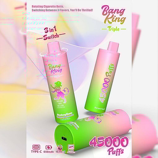 Promotional Image Of A Bang King Triple Device Featuring A Pink And Green Gradient Design, Highlighting Features Like 3-In-1 Flavor Switch, 45000 Puffs Capacity, And Type-C Charging Functionality.