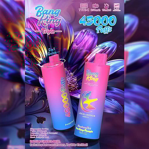 Promotional Image Featuring Two Vibrant Vaping Devices Labeled 'Bang King Triple' Surrounded By Colorful Floral Artwork, Highlighting Specifications Such As 45000 Puffs And A 3-In-1 Flavor Switch.