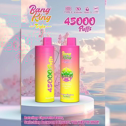 Promotional Display Of Bang King Triple Vaping Devices, Featuring Pink And Yellow Vaporizer Units With A 45000 Puff Capacity, Set Against A Nature-Inspired Background.