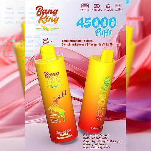 Promotional Image For Bang King Triple Disposable Vaping Devices, Featuring Two Yellow And Orange Cartridges With A Colorful Background, Showcasing Product Specifications Including 45,000 Puffs, 650Mah Battery, And 15Ml E-Liquid Capacity.