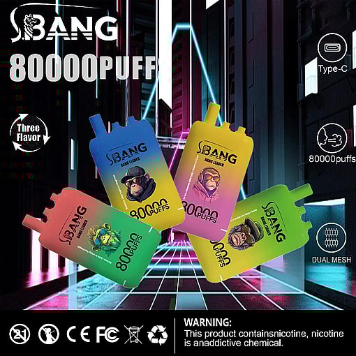 Promotional Image For Sbang Bang Leader 80000 Product Showing Two Purple 80000 Puffs Disposable Vaping Devices With Features Like Type-C Charging And Dual Mesh Coil Technology, Highlighting Triple Flavors: Cola Ice, Blueberry Raspberry, And Peach Mango Watermelon, Alongside Cautionary Nicotine Warning And Certification Icons.promotional Image For Sbang Bang Leader 80000 Product Showing Two Purple 80000 Puffs Disposable Vaping Devices With Features Like Type-C Charging And Dual Mesh Coil Technology, Highlighting Triple Flavors: Cola Ice, Blueberry Raspberry, And Peach Mango Watermelon, Alongside Cautionary Nicotine Warning And Certification Icons.