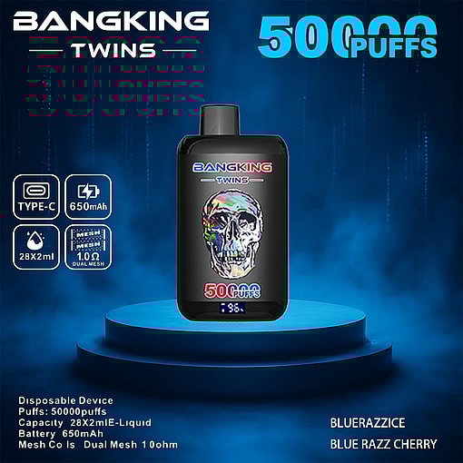 Promotional Image Of The Bangking Twins Disposable Vaping Device Featuring A Multicolor Skull Design, Showing Specifications Such As 50,000 Puffs, 28X2Ml Capacity, 650Mah Battery, Type-C Charging, And Flavors Including Blue Razz Ice And Blue Razz Cherry, Against A Glowing Blue Background.