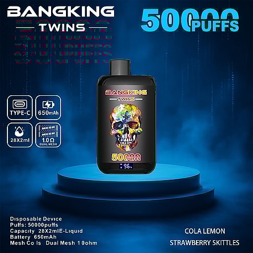 E-Cigarette Device Named 'Bangking Twins' With 50,000 Puffs Capacity, Displaying Its Colorful Skull Design And Listing Features Such As A 650Mah Battery And Dual-Flavor Options (Cola Lemon And Strawberry Skittles).