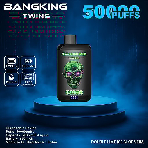 Promotional Image Of The Bangking Twins Disposable Vape Featuring 50,000 Puffs, 650Mah Battery, 28X2Ml Liquid Capacity, And Dual Mesh Specifications, Displayed Against A Futuristic Blue Background.