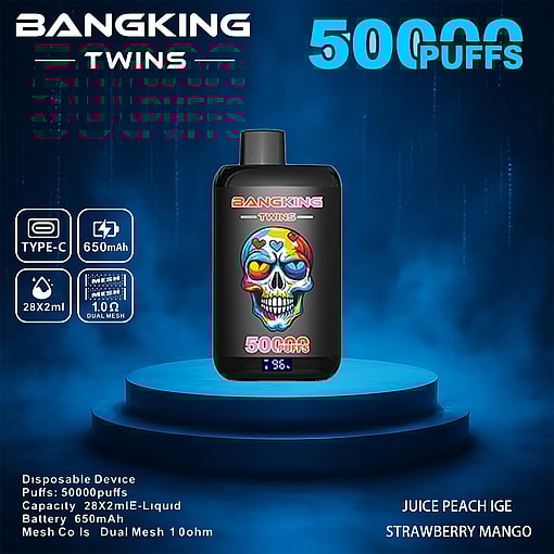 A Promotional Image For The Bangking Twins Disposable Vaping Device, Featuring A Black Unit With Colorful Skull Graphics And Specifications Indicating 50,000 Puffs, 650Mah Battery, And 28X2Ml E-Liquid Capacity, Displayed Atop A Glowing Platform Against A Blue Foggy Background.
