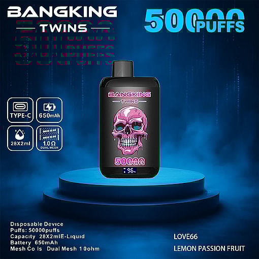 Promotional Image Of The Bangking Twins Disposable Vaping Device, Featuring Design Elements Like A Pink Skull Graphic, Specifications Including 'Type-C', '650Mah', 50,000 Puffs, Dual Mesh Coil At 1.0 Ohms, And 28X2Ml E-Liquid Capacity, Displayed Against A Blue Backdrop.