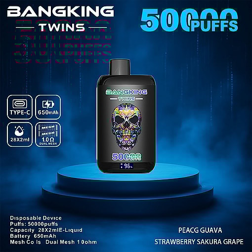 Promotional Image Of The Bangking Twins Disposable Vaping Device Featuring A Colorful Skull Design, Highlighting Its 50,000 Puff Capacity, Type-C Charging, 650Mah Battery, And Flavor Options Including Peach Guava And Strawberry Sakura Grape, Set Against A Blue Atmospheric Background.