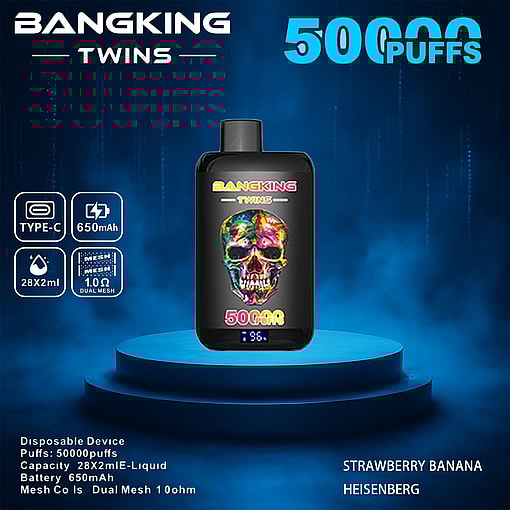 Promotional Image Of The Bangking Twins Disposable Vape Device Featuring 50,000 Puffs Capacity, Dual Mesh Coil Technology, Type-C Charging, And Colorful Skull Design, Presented On A Glowing Blue Platform.