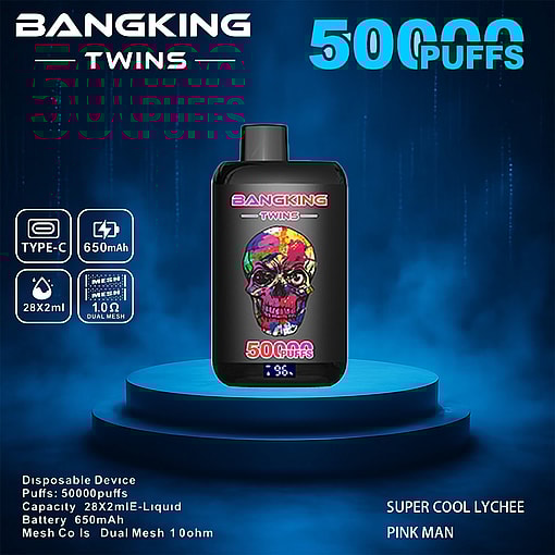 A Promotional Image For The Bangking Twins Disposable Vape Device, Highlighting Features Including 50,000 Puffs, 28X2Ml E-Liquid Capacity, 650Mah Battery, Dual Mesh 1.0-Ohm Coils, And Flavors Such As Super Cool Lychee And Pink Man.