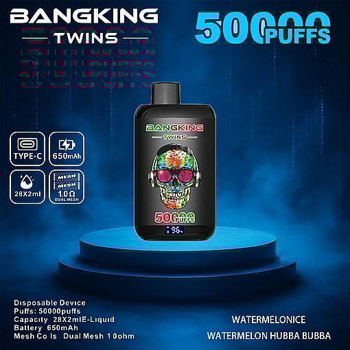 Promotional Image Of The Bangking Twins Disposable Vape Device Featuring Dual Mesh Coils, A 650Mah Battery, A Capacity Of 28X2Ml, And 50,000 Puff Capability, Highlighted With Flavor Options Such As Watermelon Ice And Watermelon Hubba Bubba, Set In A Futuristic Blue Background.