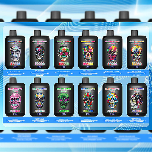 A Display Of Colorful Vape Juice Bottles With Skull Designs And Various Flavor Names, Arranged In Rows Against A Blue Background.
