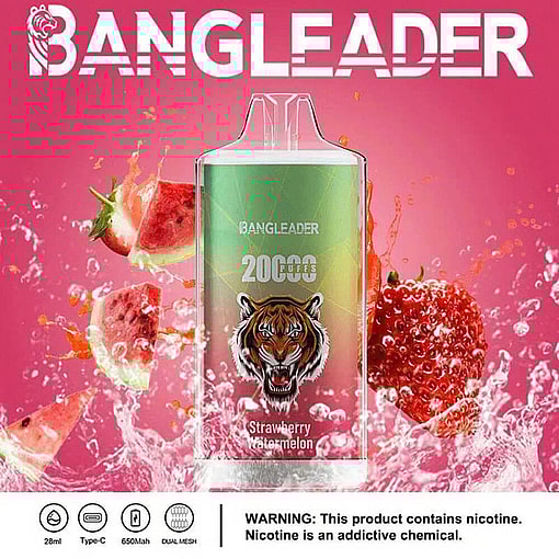 Promotional Image For The Bangleader Vape With 20,000 Puffs, Featuring A Tiger Logo And Strawberry Watermelon Flavor, Against A Pink Background With Fruit Splash Visuals.