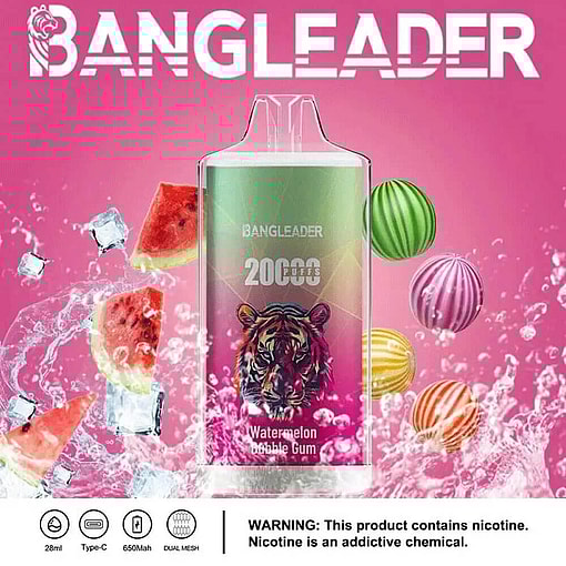 Promotional Image Featuring The Bangleader Vape Device With 20,000 Puffs Capacity, Watermelon Bubblegum Flavor, And Specifications Such As 28Ml Capacity, Type-C Charging, And 650Mah Battery, Surrounded By Watermelon Slices, Striped Candy Balls, And Ice Cubes On A Vibrant Pink Background, With A Nicotine Warning Displayed Below.