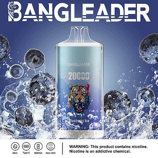Product Advertising Image Featuring The Bangleader Blueberry Ice Flavored Vape, Showcasing Its 20,000-Puff Capacity, Blueberry Visuals, And A Tiger Illustration Against A Blue Background With Water Splash Effects.