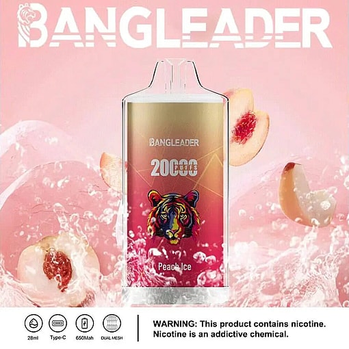 Promotional Image Of Bangleader Peach Ice Vape Device Featuring A Tiger Design On A Red Background, Surrounded By Ice And Peach Imagery With Product Details And A Nicotine Warning Displayed Below.
