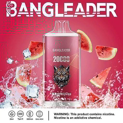 Promotional Image For The Bangleader Watermelon Ice Vape Device, Featuring A Tiger Logo, Floating Watermelon Slices, Ice Cubes, And Vibrant Pink Background, Highlighting The Product'S 20,000-Puff Capacity And Specifications Below.