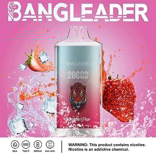 Promotional Image Of A Bangleader Vape Device With A Strawberry Ice Flavor, Illustrated With Strawberries, Splashes, And Ice Cubes, Featuring A Tiger Emblem And Noting 20,000 Puffs And Other Specifications; Includes A Nicotine Warning At The Bottom.