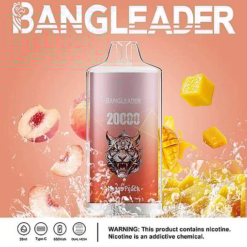 Promotional Image Of The Bangleader Disposable Vape With A Tiger Design, Featuring A Mango Peach Flavor And Details Like 20,000 Puffs And Type-C Charging, Surrounded By Splashing Water And Fruit Slices With A Nicotine Warning Label.
