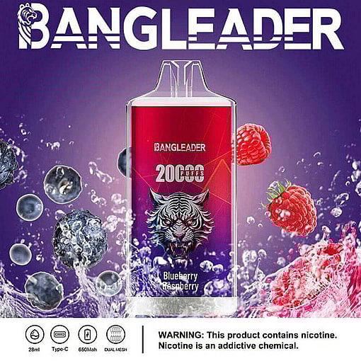 A Promotional Image Of The Bangleader Vaping Device Featuring A Tiger Design, Blueberry And Raspberry Flavor Theme, A Purple Background With Splashing Effects, And Product Specifications And A Nicotine Warning At The Bottom.