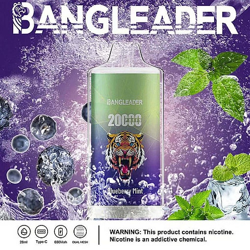 A Bangleader Vape Product Featuring A Tiger Illustration With 'Blueberry Mint' Flavor Branding, Surrounded By Blueberries, Mint Leaves, And Icy Water Splashes In A Colorful Promotional Display With Product Details Beneath.