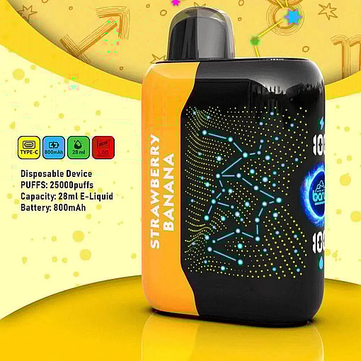 Disposable Vape Device Labeled 'Strawberry Banana,' Featuring A Futuristic Design With Yellow And Blue Digital Patterns, And Highlighting Specifications Such As 25,000 Puffs, 28Ml Capacity, And An 800Mah Battery.