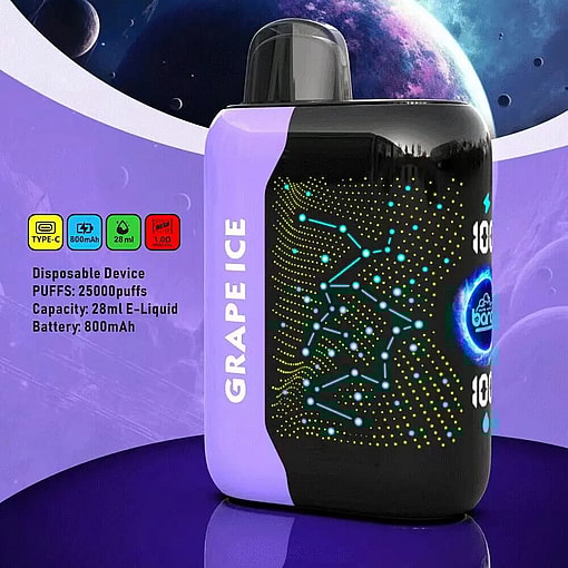 A Disposable Vape Device Labeled 'Grape Ice,' Featuring Specifications Of 25000 Puffs, 28Ml E-Liquid Capacity, 800Mah Battery, And Usb Type-C Charging, Displayed Against A Space-Themed Background.