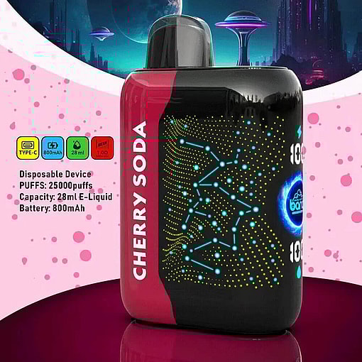 A Futuristic-Themed Disposable Vaping Device Labeled 'Cherry Soda' With A Sleek Black And Red Design, Featuring Specifications Such As A Capacity Of 28Ml E-Liquid, A Rechargeable 800Mah Battery, And Up To 25,000 Puffs, Displayed Against A Sci-Fi Backdrop With Glowing Dots And Technological Aesthetics.