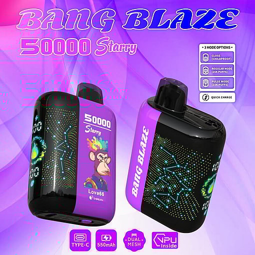 Promotional Graphic Featuring The 'Bang Blaze 50000 Starry' Vape Product, With Purple And Black Packaging Showcasing A Vibrant Monkey Illustration And Futuristic Designs, Detailed Features Include A 550Mah Battery, Type-C Charging, Dual Mesh Pods, And Various Usage Modes.