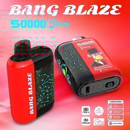 Promotional Image Showcasing Two Bang Blaze 50000 Starry Vaping Devices In Red And Black Design, With Branding And Feature Highlights Such As 550Mah Capacity And Type-C Charging, And Strawberry Watermelon Flavor Mentioned.