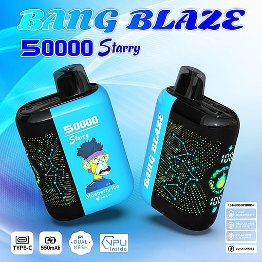 Two Colorful Electronic Vaping Devices Labeled 'Bang Blaze 50000 Starry,' Featuring Blue And Black Casing, A Cartoon Character Design, And Digital Patterns, Along With Accompanying Product Features Like Type-C Charging And 550Mah Battery Capacity.