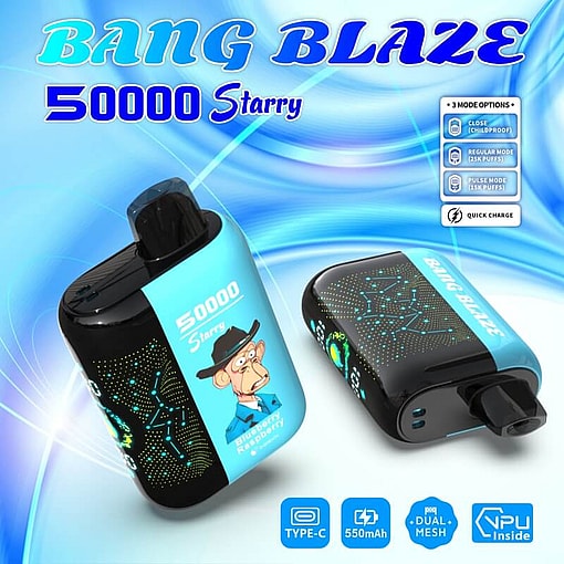Promotional Image For The Bang Blaze 50000 Starry Blueberry Raspberry Vape Featuring Dual-Sided Views Of The Device, Highlighting Technological Features And Three Puff Modes, Alongside Quick Charge Capability And Stylish Branding.