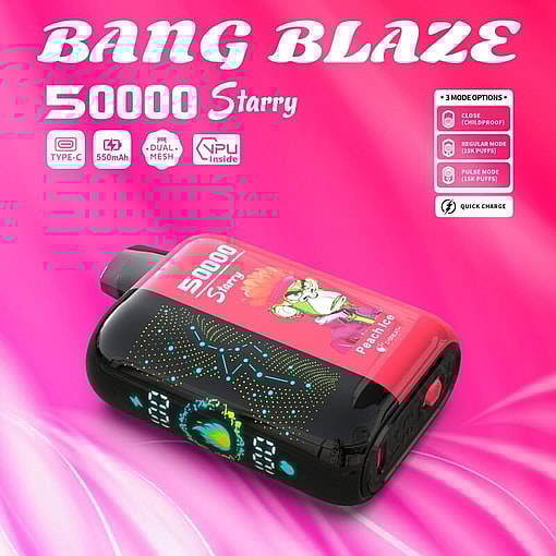 Promotional Image For The Bang Blaze 50000 Starry Device Featuring Its Design, Model Name, Specifications, And Peach Ice Flavor On A Vibrant Pink Background.