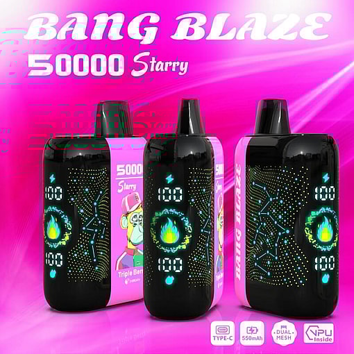 Promotional Image Featuring Three Bang Blaze Vape Devices With Pink Accents And Digital Displays, Set Against A Vibrant Pink Background With Text Highlighting Features Like 5000 Starry Capacity.