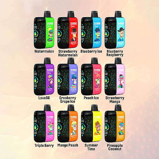 An Assortment Of 12 Colorful E-Liquid Bottles Labeled With Different Flavors, Including Watermelon, Strawberry Watermelon, Blueberry Ice, And Pineapple Coconut; The Background Features A Soft Gradient Design.