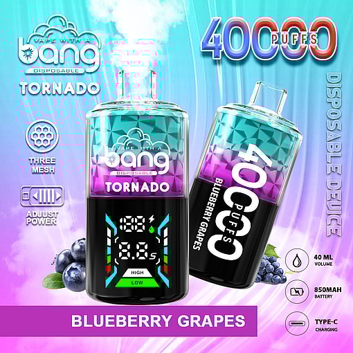 Promotional Image For The Bang Tornado 40000 Disposable Vape Device Showcasing Its Blueberry Grape Flavor, 40,000-Puff Capacity, 850Mah Battery, Adjustable Power, And Type-C Charging, With A Colorful Design And Vaping Accessories Displayed.
