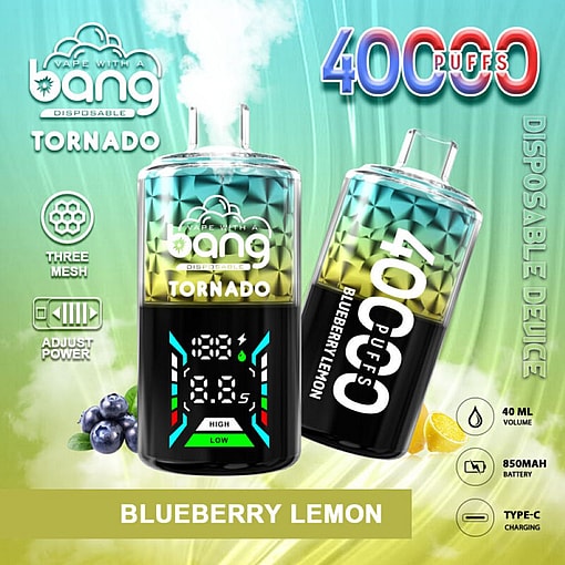 Promotional Image Of The Bang Tornado Disposable Vaping Device Highlighting A 40,000 Puff Capacity, Blueberry Lemon Flavor, Adjustable Power Settings, A 40Ml Liquid Volume, And An 850Mah Battery With Type-C Charging.