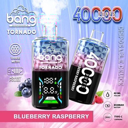 Promotional Image For Bang Tornado Disposable Vape Featuring Blueberry Raspberry Flavor, Showing Technical Specifications Including 40Ml Volume, 850Mah Battery, And Type-C Charging, With The Design Showcasing Digital Controls And Vibrant Colors.