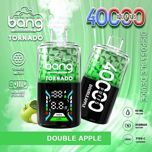 Promotional Graphic Displaying Two Green And Black Disposable Vaping Devices Labeled &Quot;Bang Tornado&Quot; With &Quot;40,000 Puffs&Quot; Indication, Showcasing The &Quot;Double Apple&Quot; Flavor On A Green, Patterned Background With Feature Icons For Mesh Adjustability, Battery Capacity, And Type-C Charging.