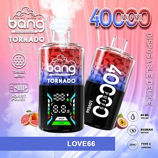 Promotional Image Featuring The Bang Tornado Disposable Vape Device, Showcasing Its Features Including 40,000 Puffs, Led Screen, Adjustable Power, Three Mesh Design, 850Mah Battery, And Type-C Charging, With A Fruit Flavor Theme.