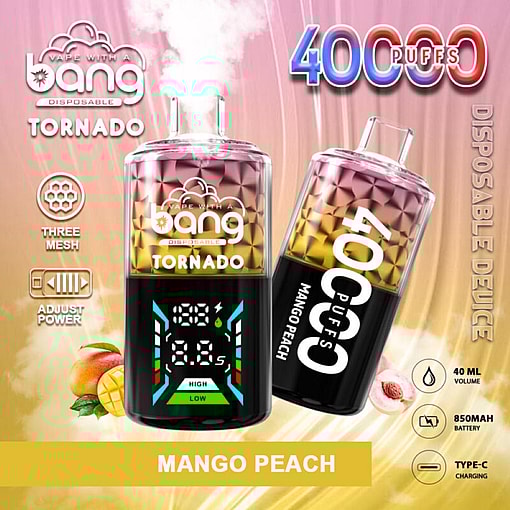 Advertisment For Bang Tornado 40,000-Puff Disposable Vape Devices In Mango Peach Flavor, Featuring A Digital Display, Adjustable Power, And Type-C Charging.
