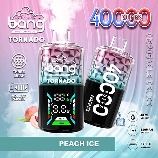 Promotional Graphic Of Bang Disposable Vape Devices In The Tornado Peach Ice Flavor, Featuring 40,000 Puffs Capacity, A Digital Control Panel, And Specifications Like 40Ml Volume, 850Mah Battery, And Type-C Charging.