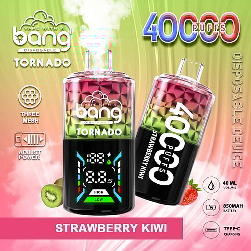 Promotional Image For The Bang Tornado Disposable Vape Device Featuring 40,000 Puffs, Branded With Strawberry Kiwi Flavor And Showcasing Its Mesh Coil, Adjustable Power, Large Battery, And Type-C Charging Capabilities.