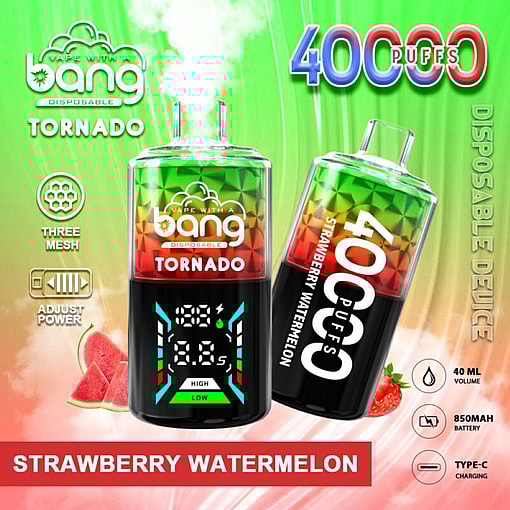 Promotional Image For Bang Tornado Strawberry Watermelon Disposable Vaping Device Featuring 40,000 Puffs, 850Mah Battery, Adjustable Power, And Type-C Charging, With Fruit Illustrations And A Stylized Display.
