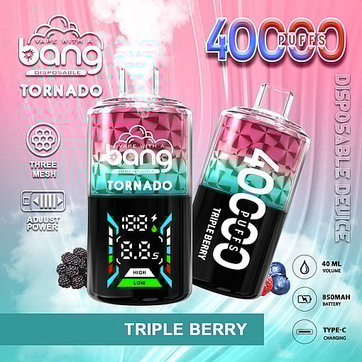 Promotional Graphic Of The Bang Disposable Tornado Vaping Device Displaying Its Features Such As 40,000 Puffs, Triple Berry Flavor, Adjustable Power, And A Digital Screen With High And Low Settings.