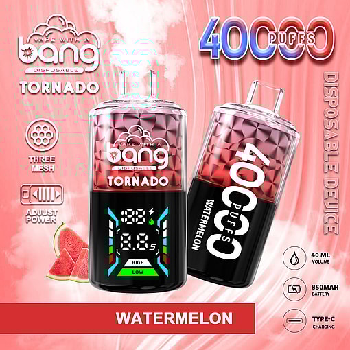 Promotional Image For The Bang Tornado Disposable Vape Device Featuring Watermelon Flavor, 40,000 Puffs, 40Ml E-Liquid Capacity, 850Mah Battery, And Adjustable Power Features, With A Vibrant Red And Black Design.