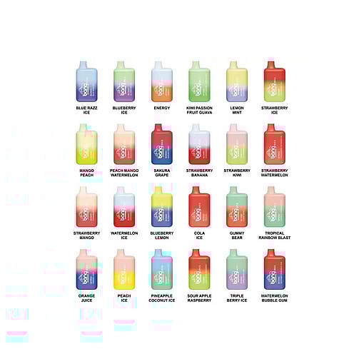 En bild som visar en samling färgglada engångs-vape-enheter, var och en märkt med sin respektive smak, såsom "Blue Razz Ice", "Mango Peach" och "Tropical Rainbow Blast".