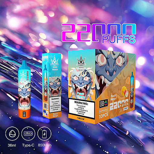 Colorful Advertisement Showcasing A Disposable Vaping Product Called &Quot;Bang Beach&Quot; With A Peach Mango Flavor, Featuring Vibrant Packaging With A Mythical-Inspired Design And Product Details Including 22000 Puffs And A Warning About Nicotine Use.