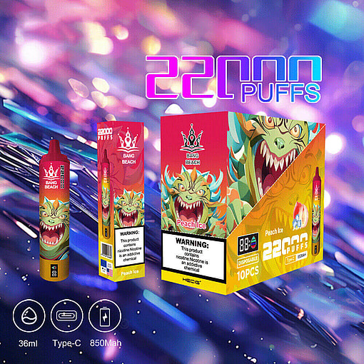 Promotional Image Showing Bang Beach Peach Ice Disposable Vape With 22,000 Puffs Capacity, Type-C Charging, And 850Mah Battery, Displayed With Illustrative Packaging Against A Colorful Backdrop.